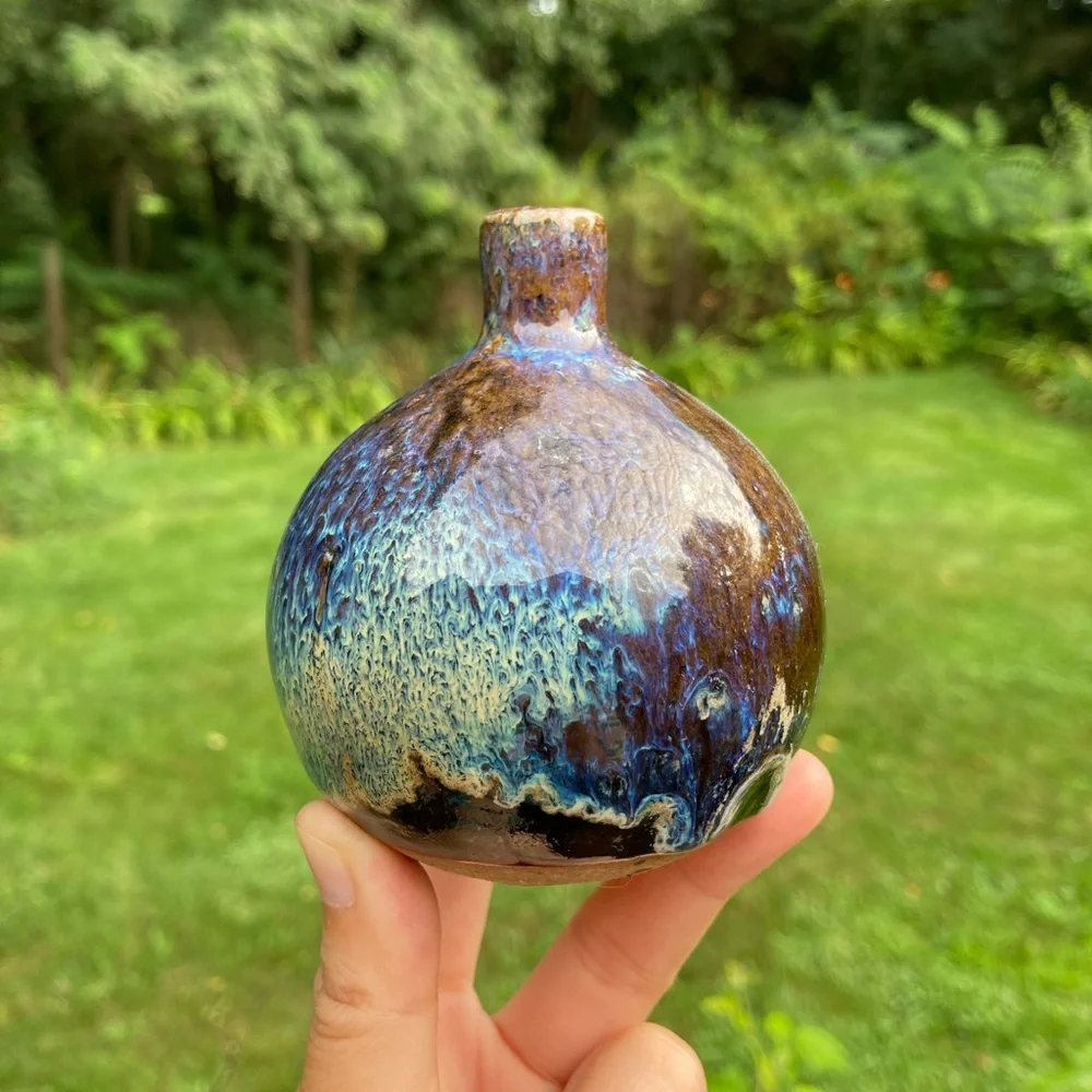 Vintage Brown and Blue Glazed Round Bud Vase - Picture 2 of 13
